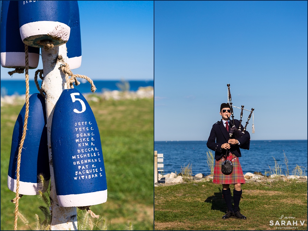 Wedding day decorations of buoys at the seacoast ceremony as well as the bagpipe player that will lead the bride down the aisle
