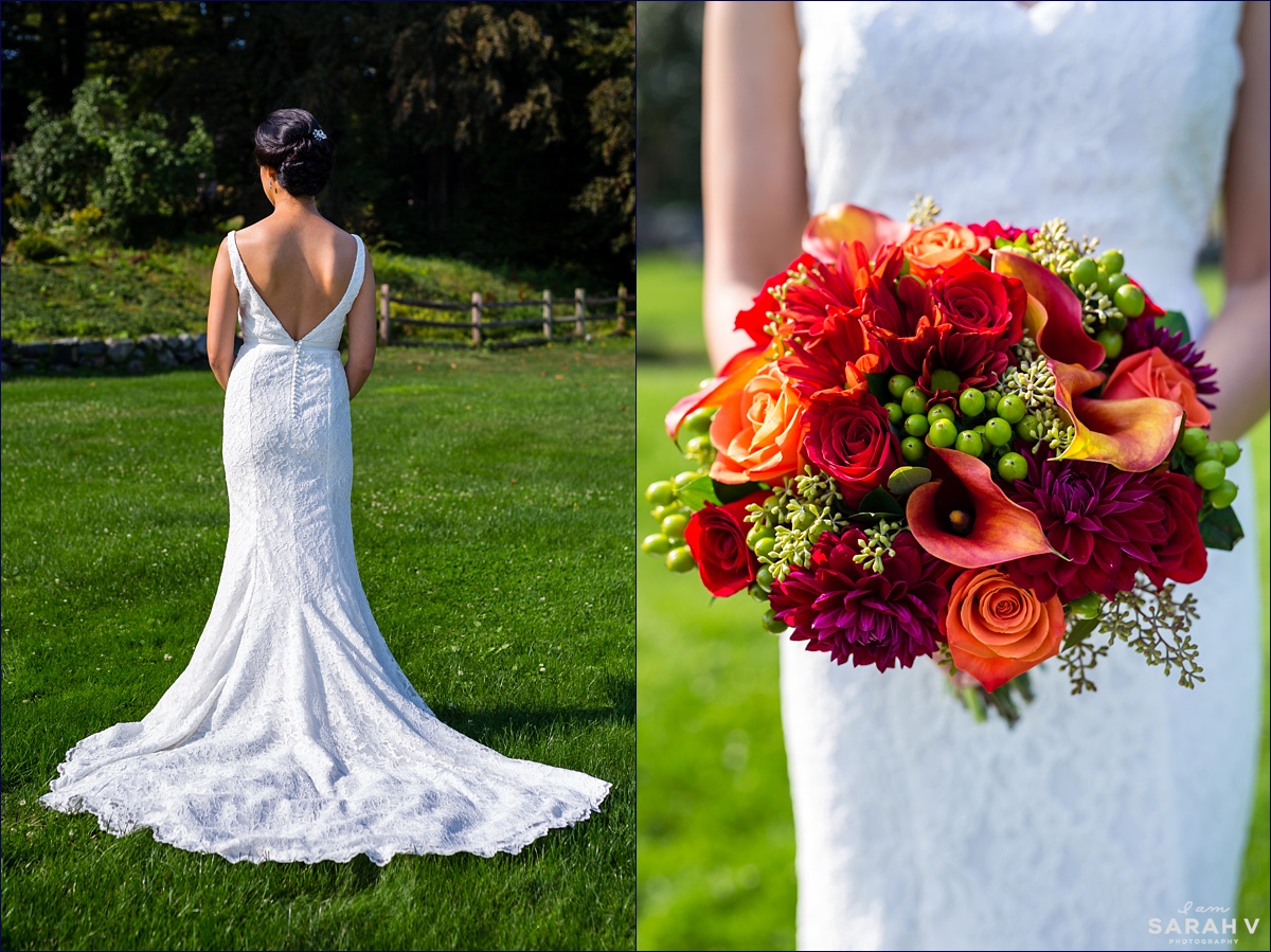 The bride stands on the grounds of Crane Estate and holds her fall inspired wedding flowers