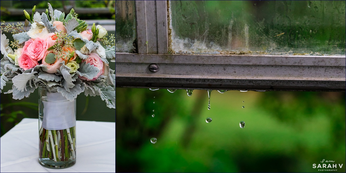 Rainy day wedding at the Common Man Italian Farmhouse inside of the greenhouse in New Hampshire