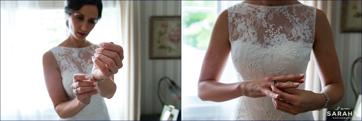 The bride puts on her wedding day jewelry at the Ivy Manor Inn in Maine