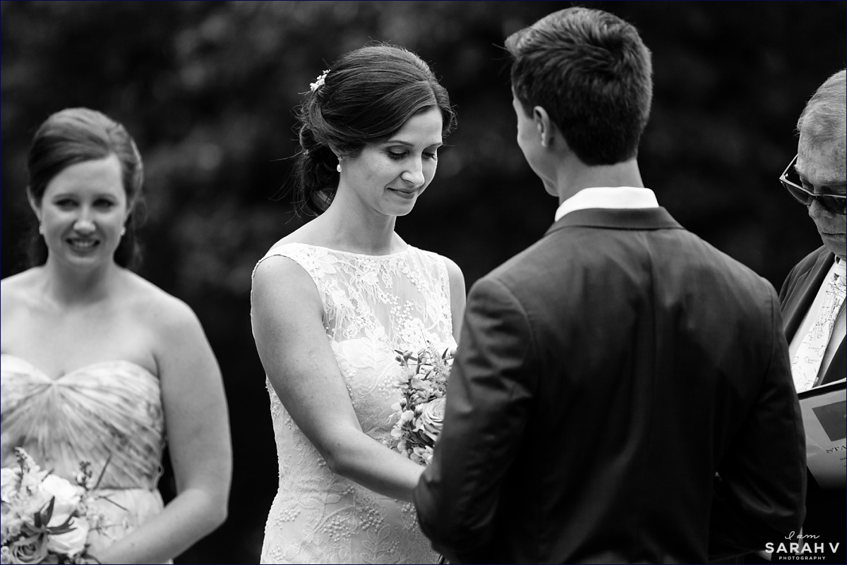 The bride is emotional at her College of the Atlantic wedding ceremony near Acadia