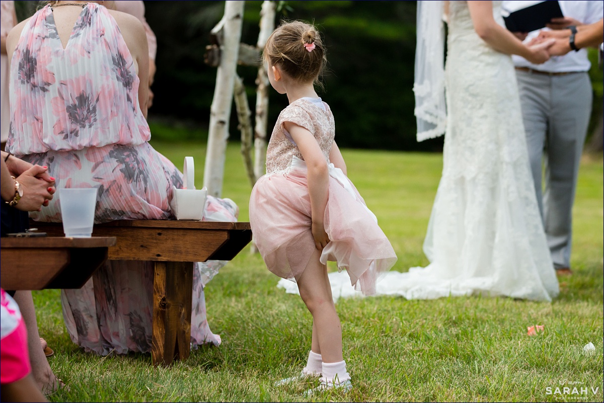 The Preserve New Hampshire Wedding Photographer NH Mt. Chocorua in Tamworth Lake Woods Greenery Ceremony on the lawn flower girl