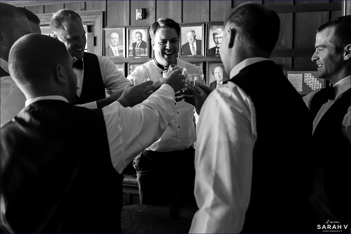 The groomsmen toast before the ceremony starts at the Pot and Kettle Club in Maine