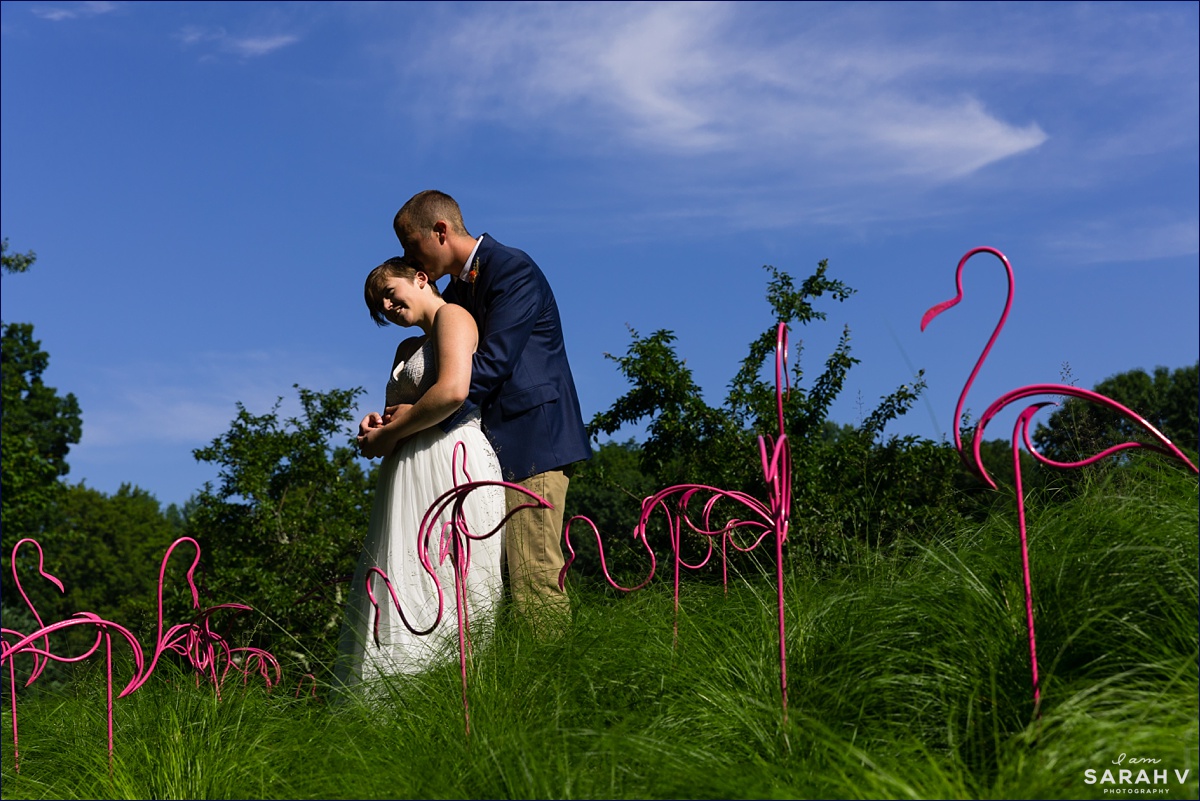 Bedrock Gardens New Hampshire Elopement Photographer Lee NH Bride Groom portraits outdoor elope photo flamingos
