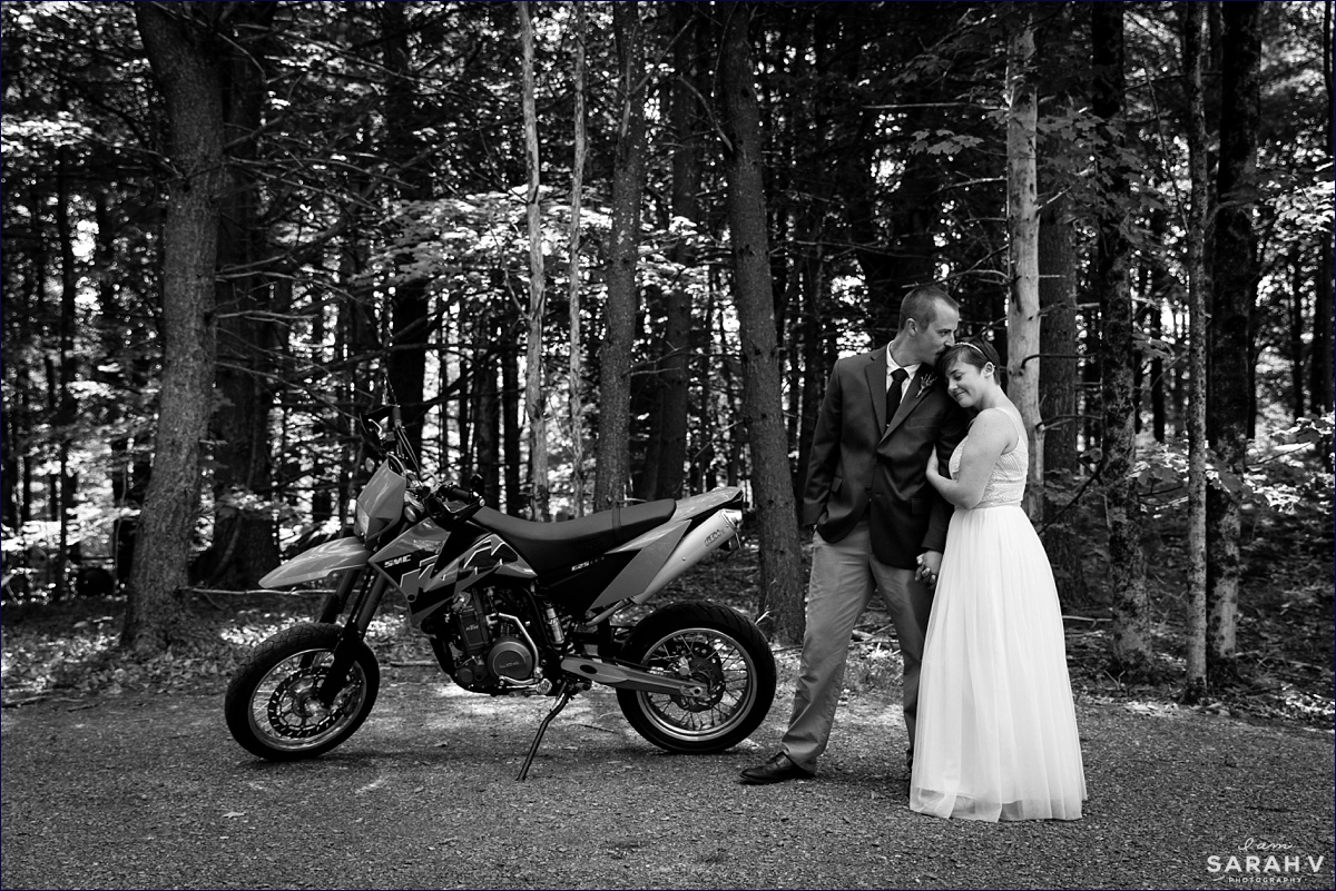 Bedrock Gardens New Hampshire Elopement Photographer Lee NH Bride Groom portraits outdoor elope photo motorcycle
