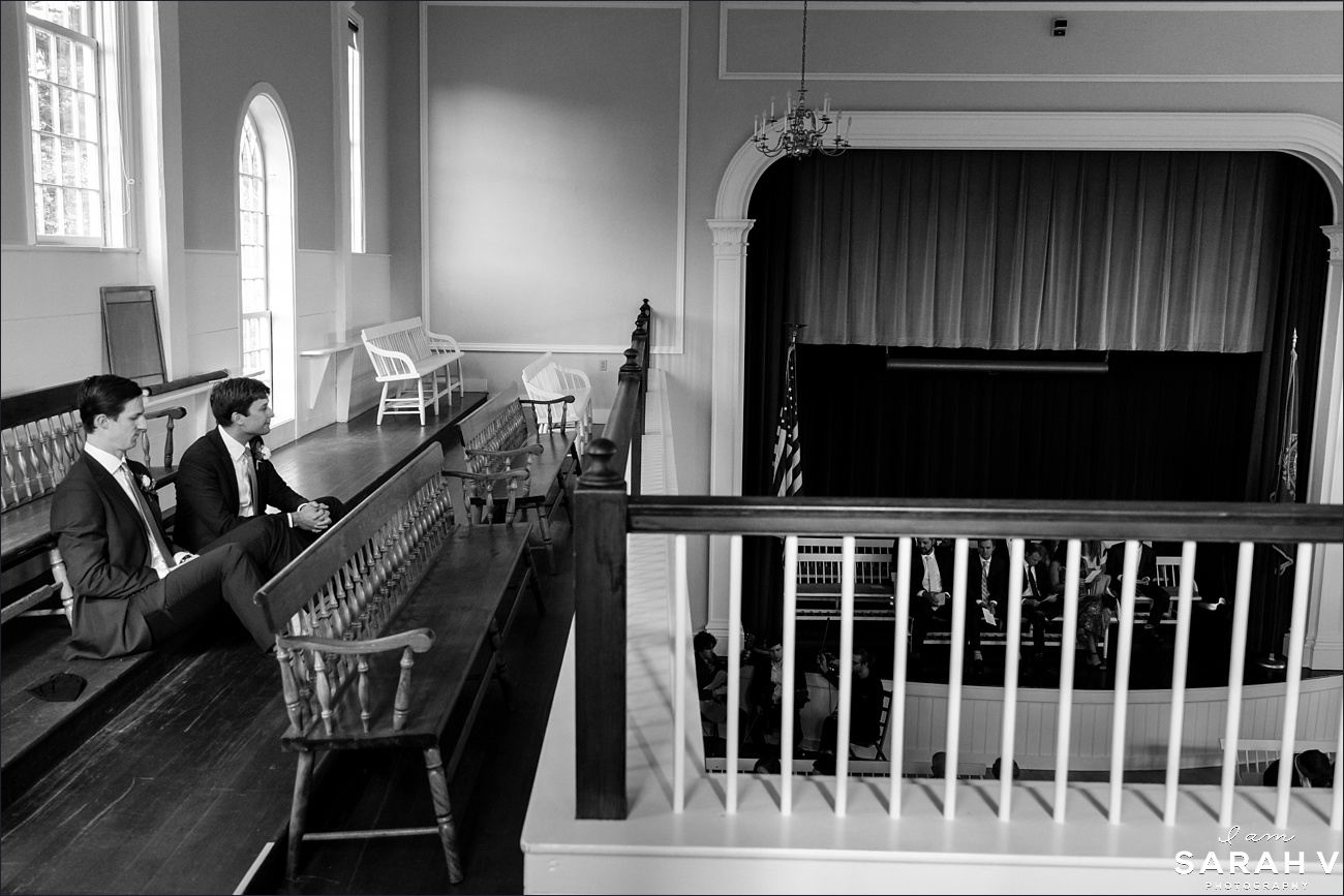Jaffrey Meetinghouse NH wedding the groom and the best man await the ceremony start before they head downstairs