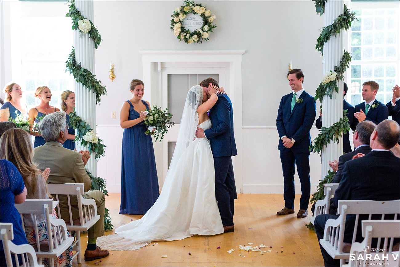 New Hampshire Wedding the bride and groom have their first kiss in the Jaffrey Meetinghouse NH ceremony venue