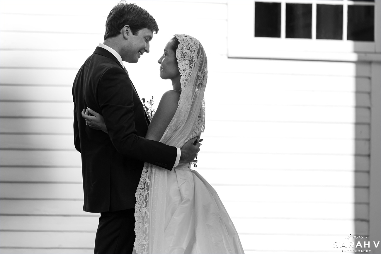 The bride and groom have a moment together outside of the Jaffrey Meetinghouse after their wedding ceremony