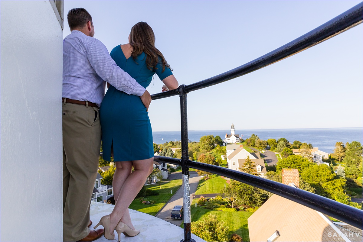 Views from the top of a lighthouse of Cape Elizabeth Maine with Portland off in the distance for the engagement session