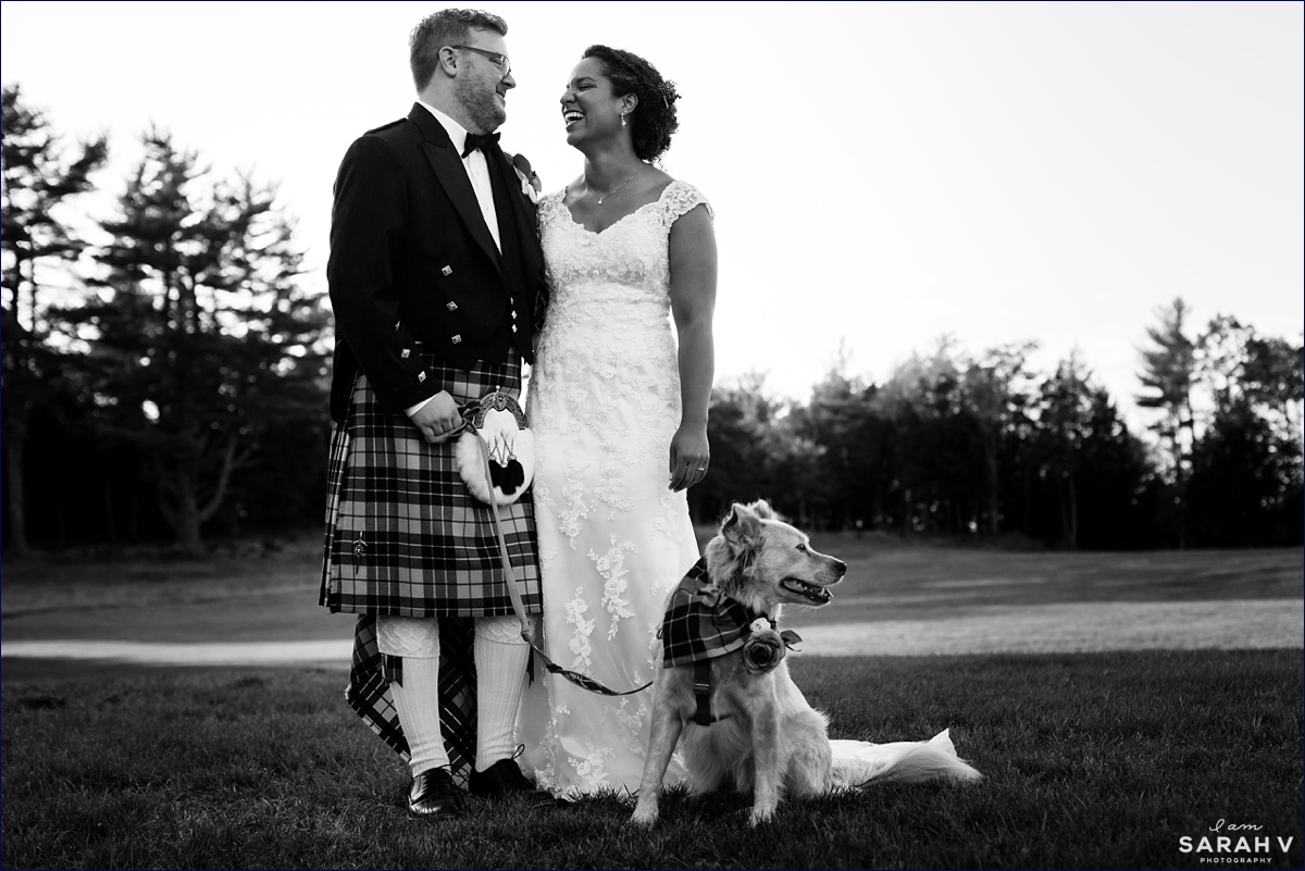 William Allen Farm wedding Photographer the newlyweds stand with their dog after the ceremony while the groom rocks his kilt