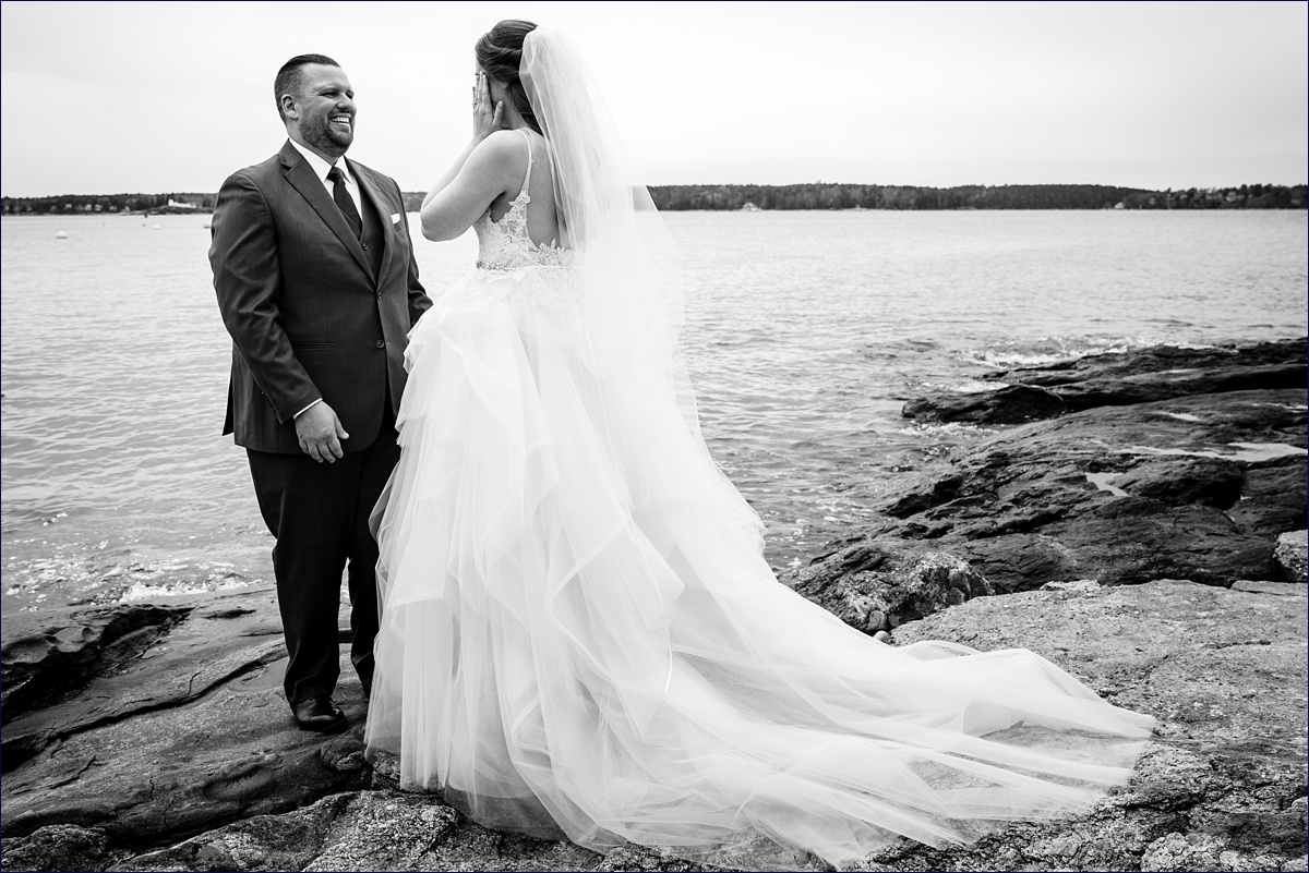 Spruce Point Inn Boothbay Harbor Maine Wedding the first look begins along the ocean