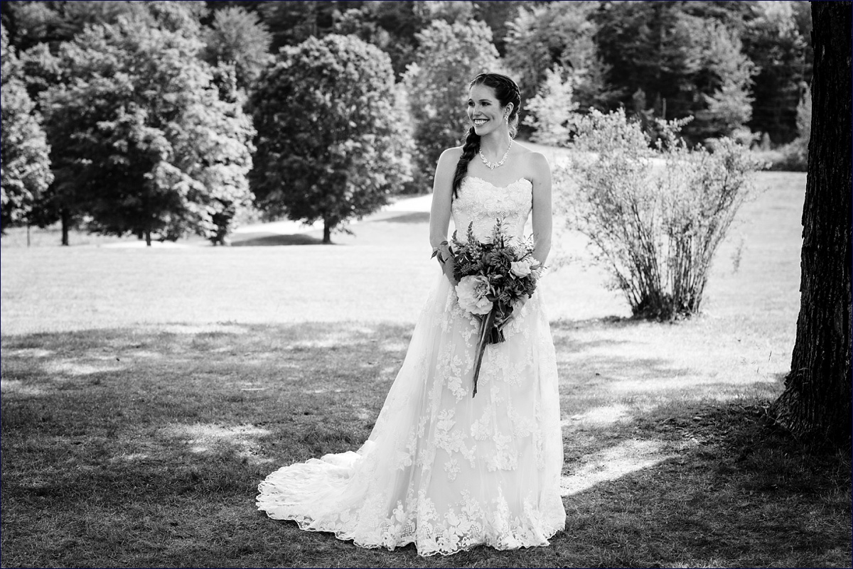Preserve at Chocorua New Hampshire Wedding the bride in all of her glory on her wedding day out on the lawn