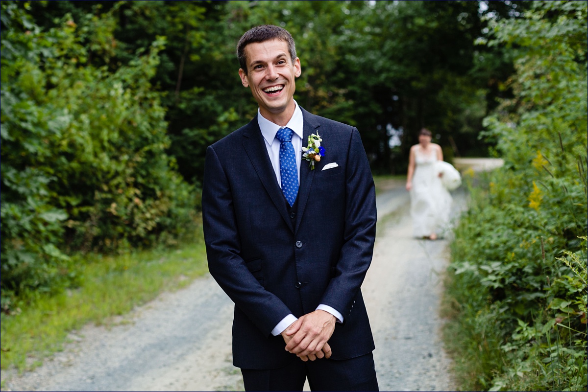 Trenton Maine Wedding Photographer Acadia Bar Harbor the groom waits for the bride at their first look