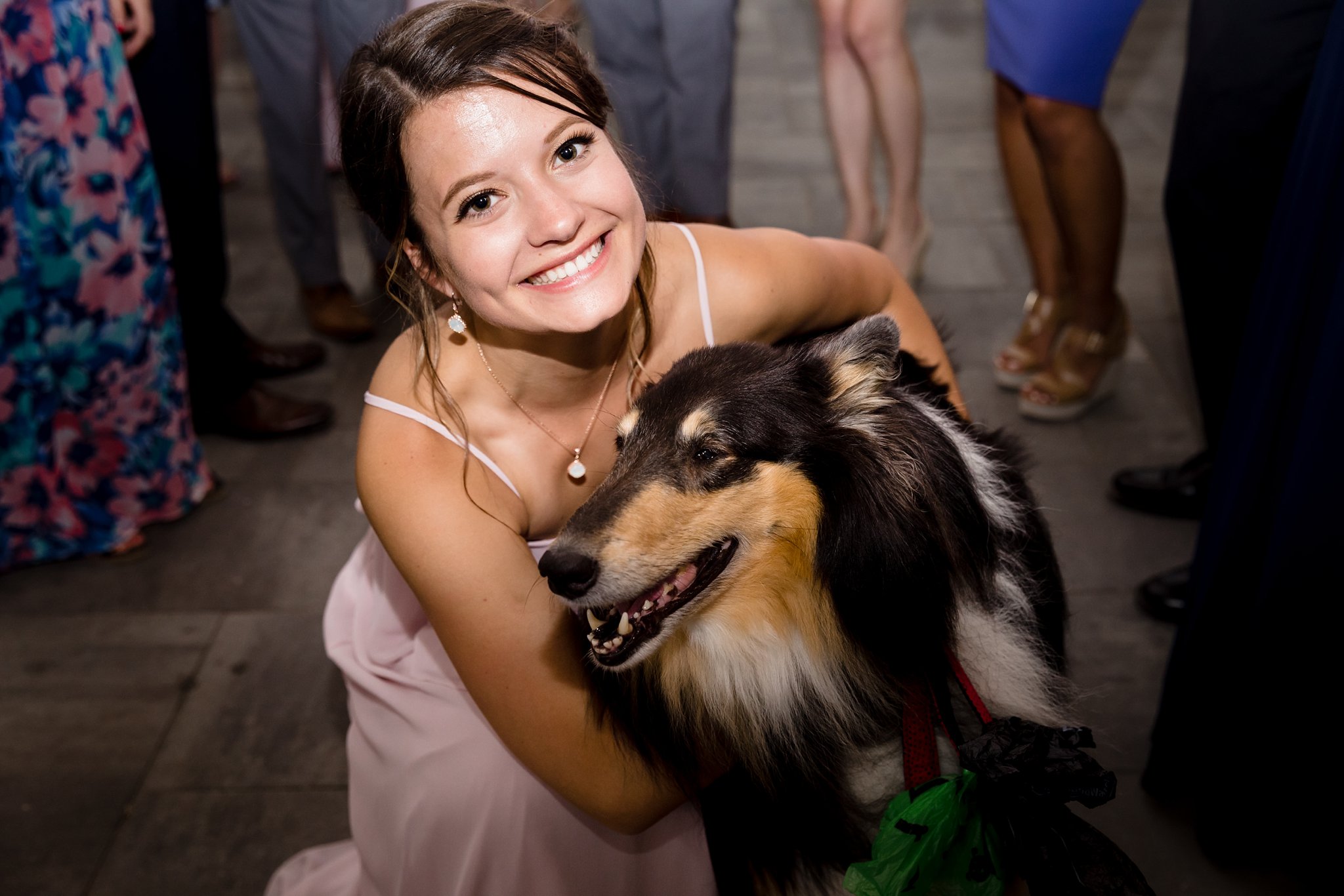 The bridesmaid cuddles the family dog at the White Mountains NH wedding reception