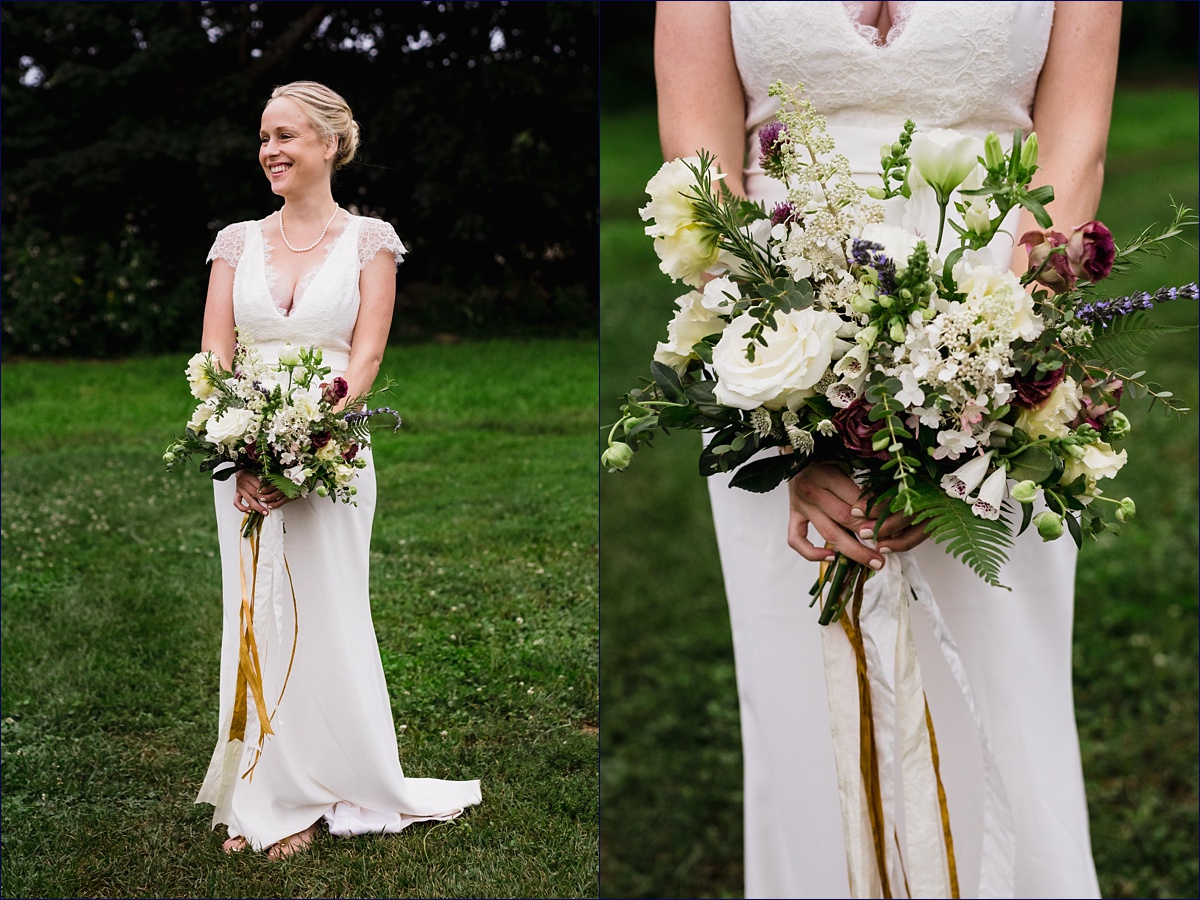 The bride and her gorgeous farm flowers at her wedding reception