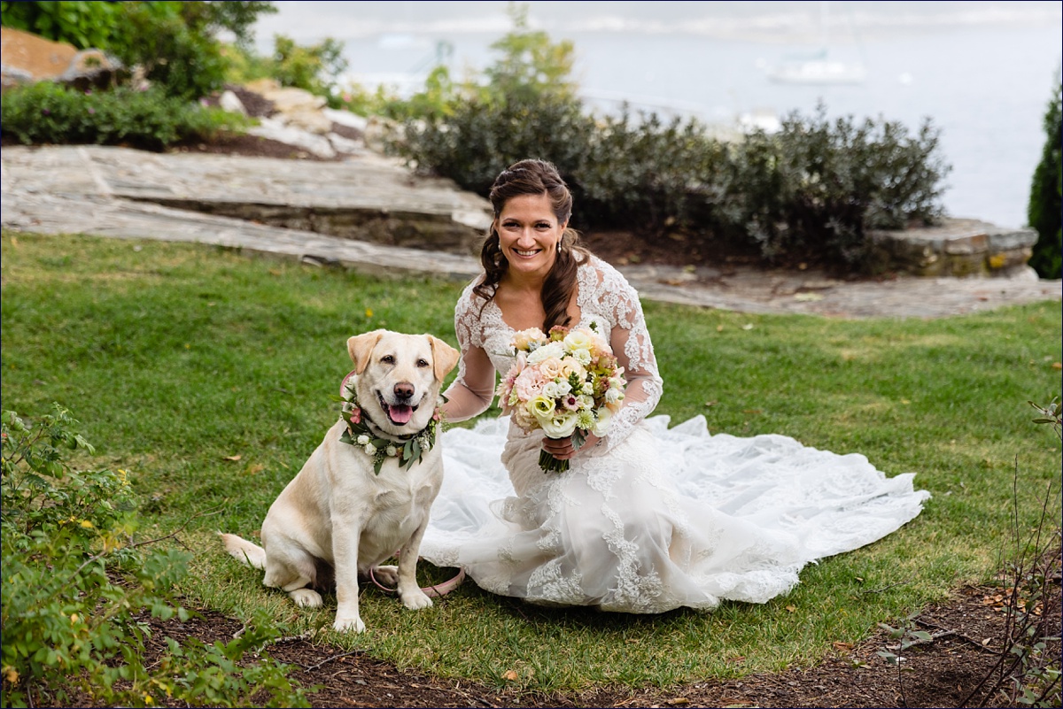 The bride and her pup on her wedding day at Linekin Bay Resort