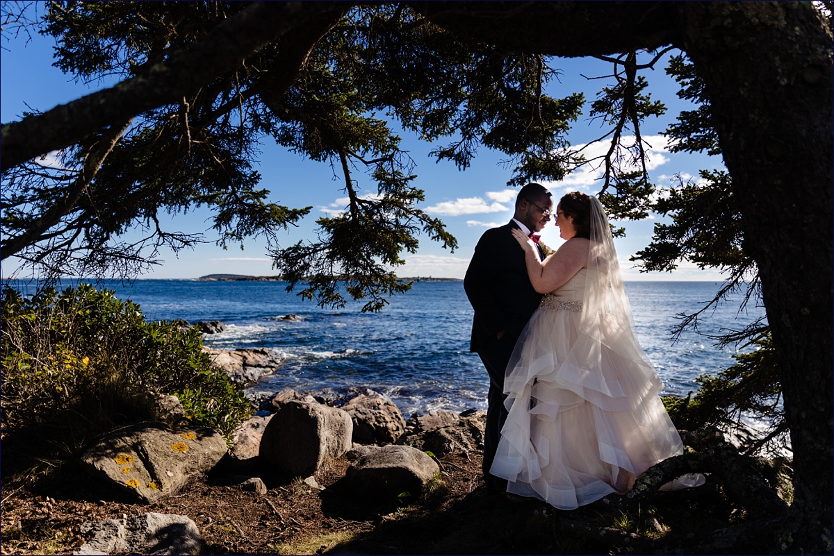 The bride and groom hang out among the trees after their ceremony at Wilson Memorial Chapel in Boothbay Maine