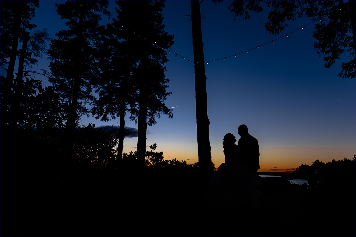 The bride and groom are silhouetted against the sunset sky on their wedding day