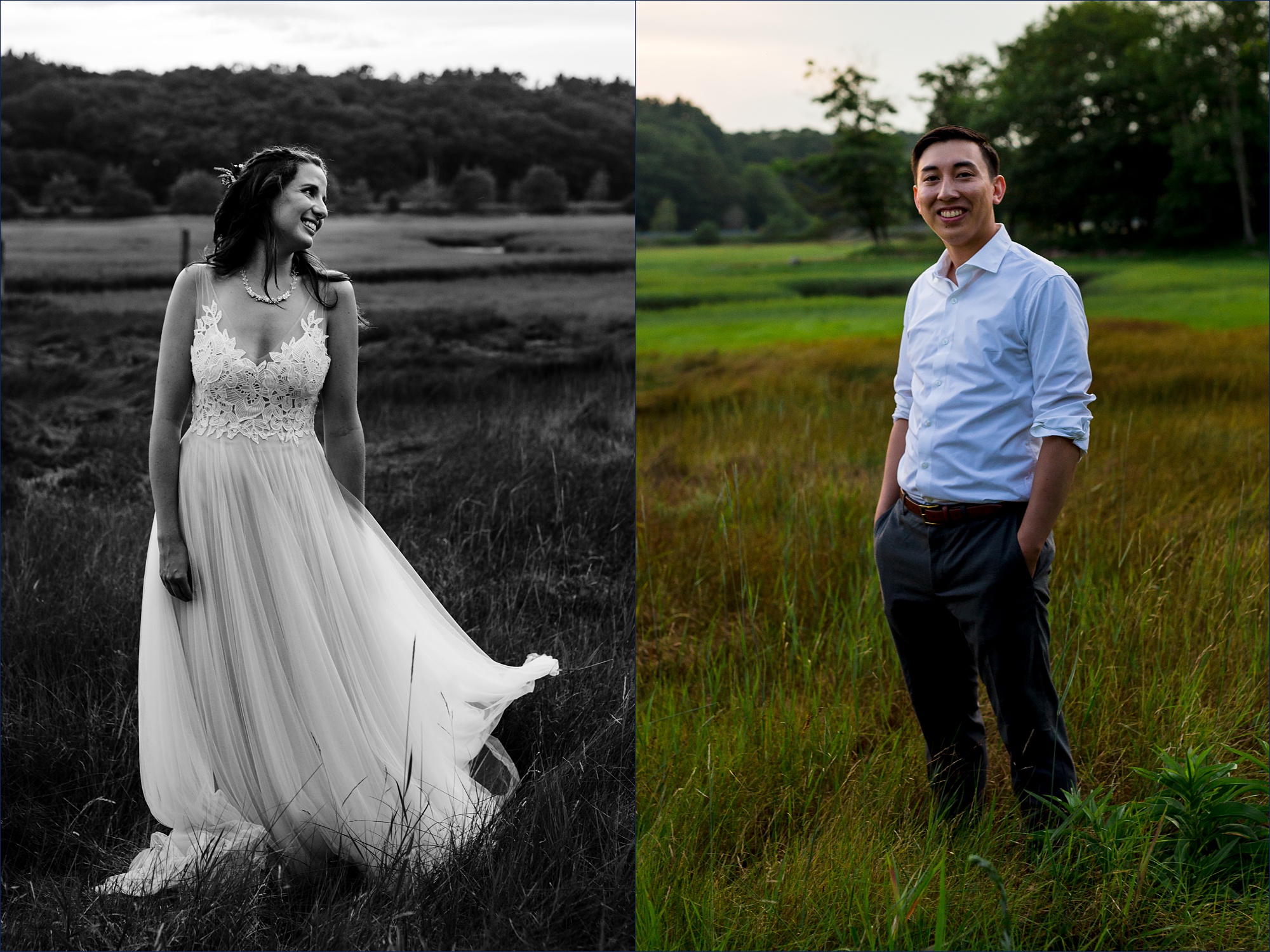 The bride and groom take photos while hanging out in the tall Maine sea grass in York