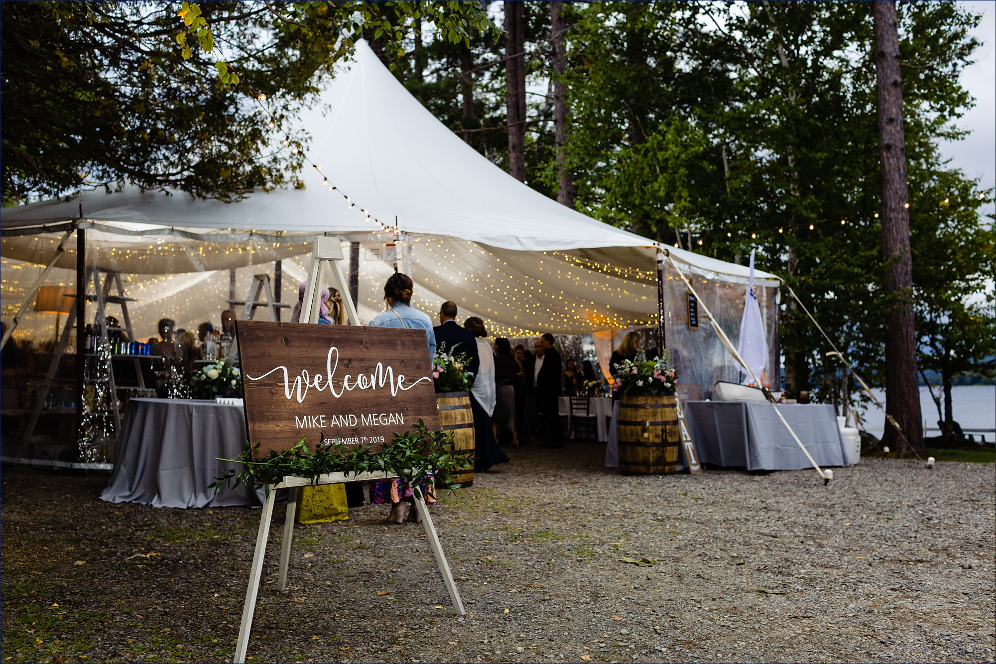 The entrance to the tented wedding reception in Rangeley Maine