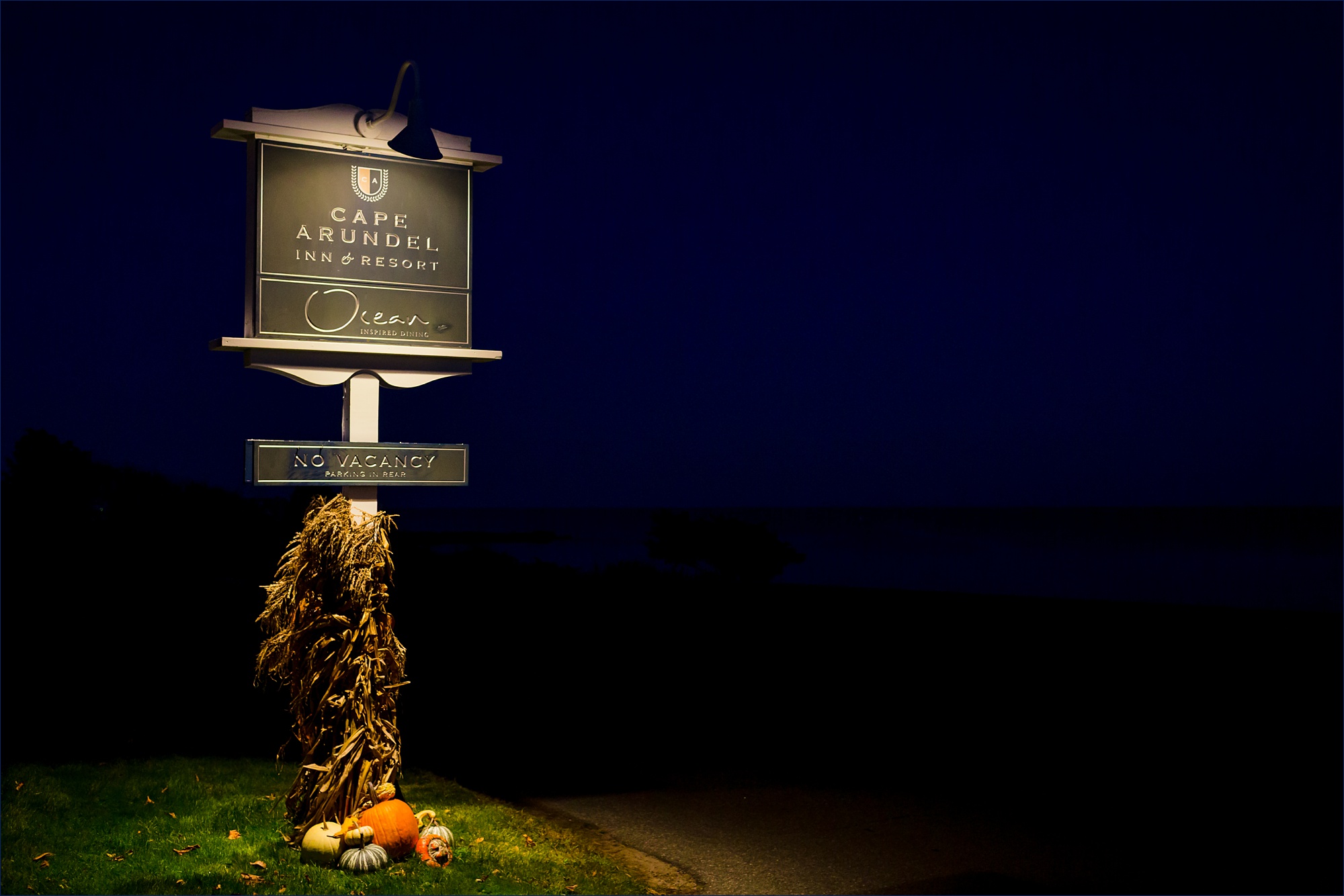 Cape Arundel Inn sign on the couple's wedding day at night