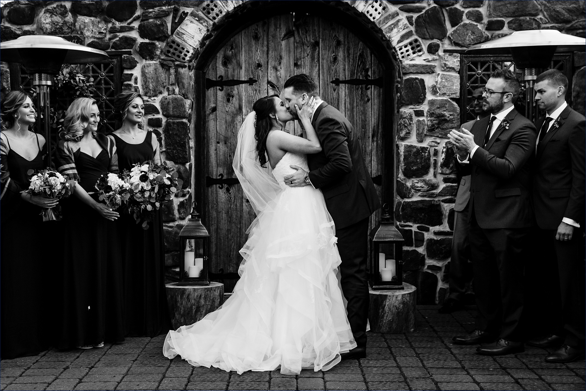 The first kiss on the outdoor wedding in February