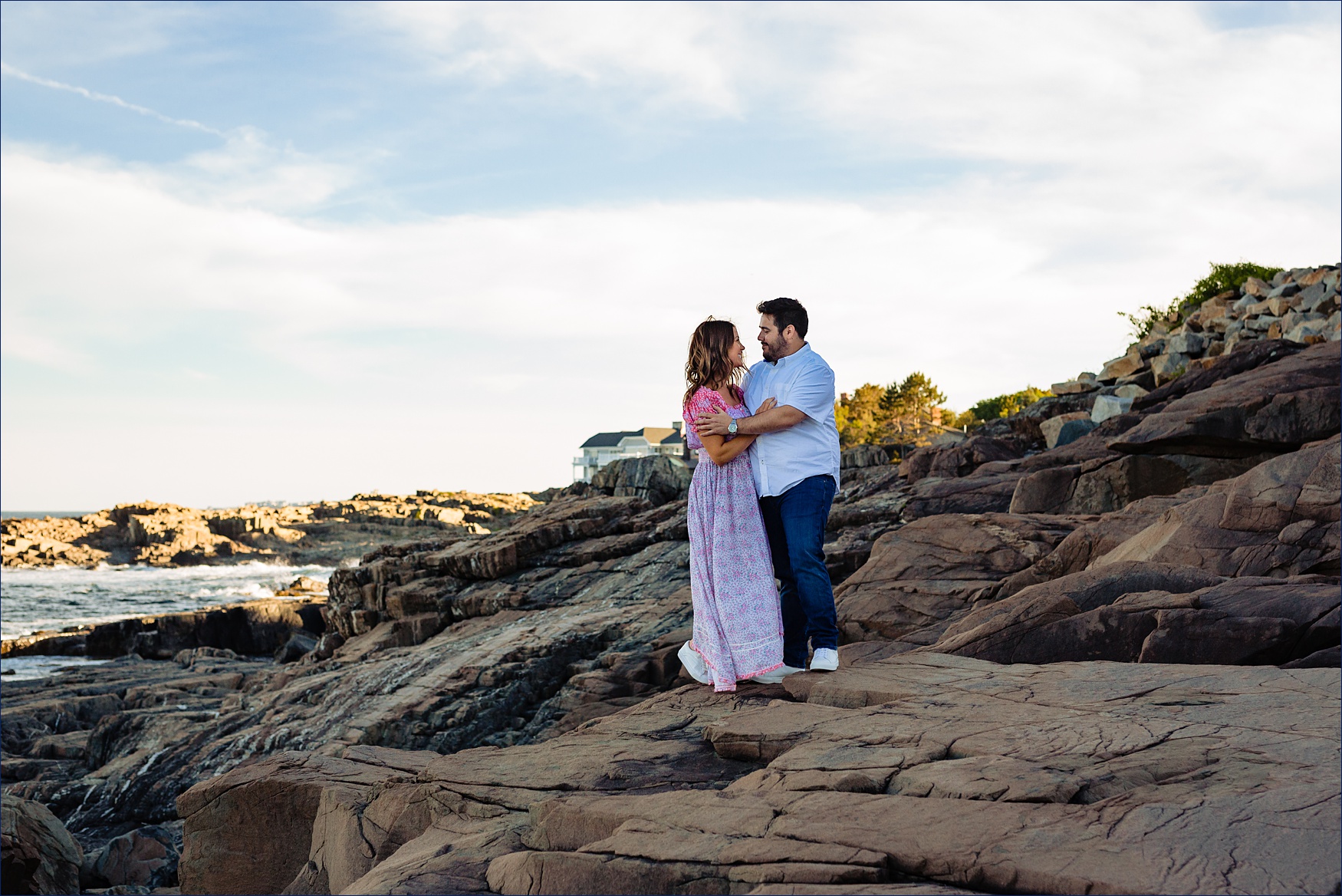 The couple take in the last light of the day out on Bald Head Cliff in Ogunquit Maine