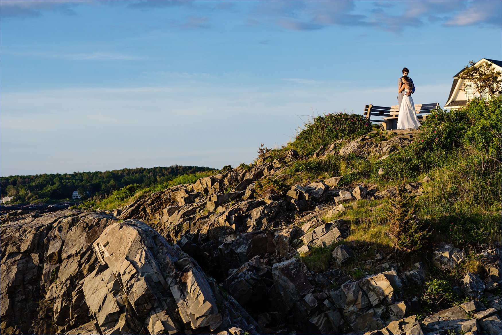 The newlyweds take in the Marginal Way view after eloping at sunrise