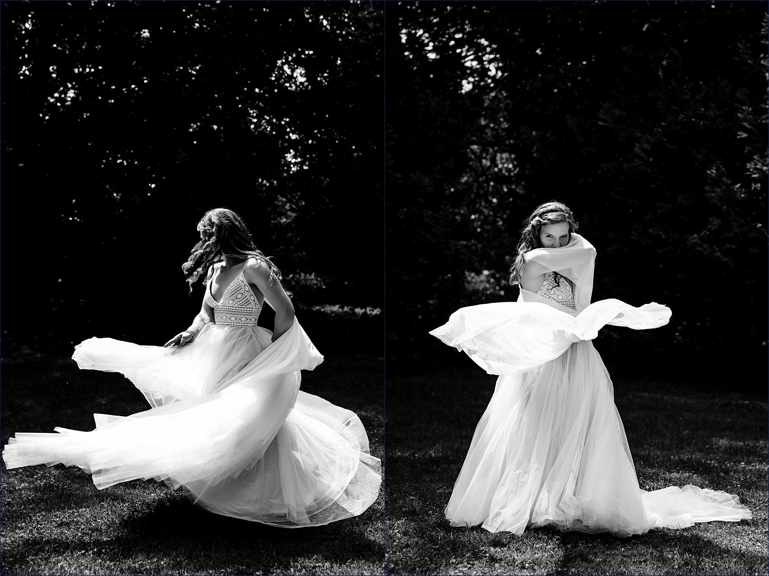 The bride spins in her wedding gown in the gardens of Andover MA