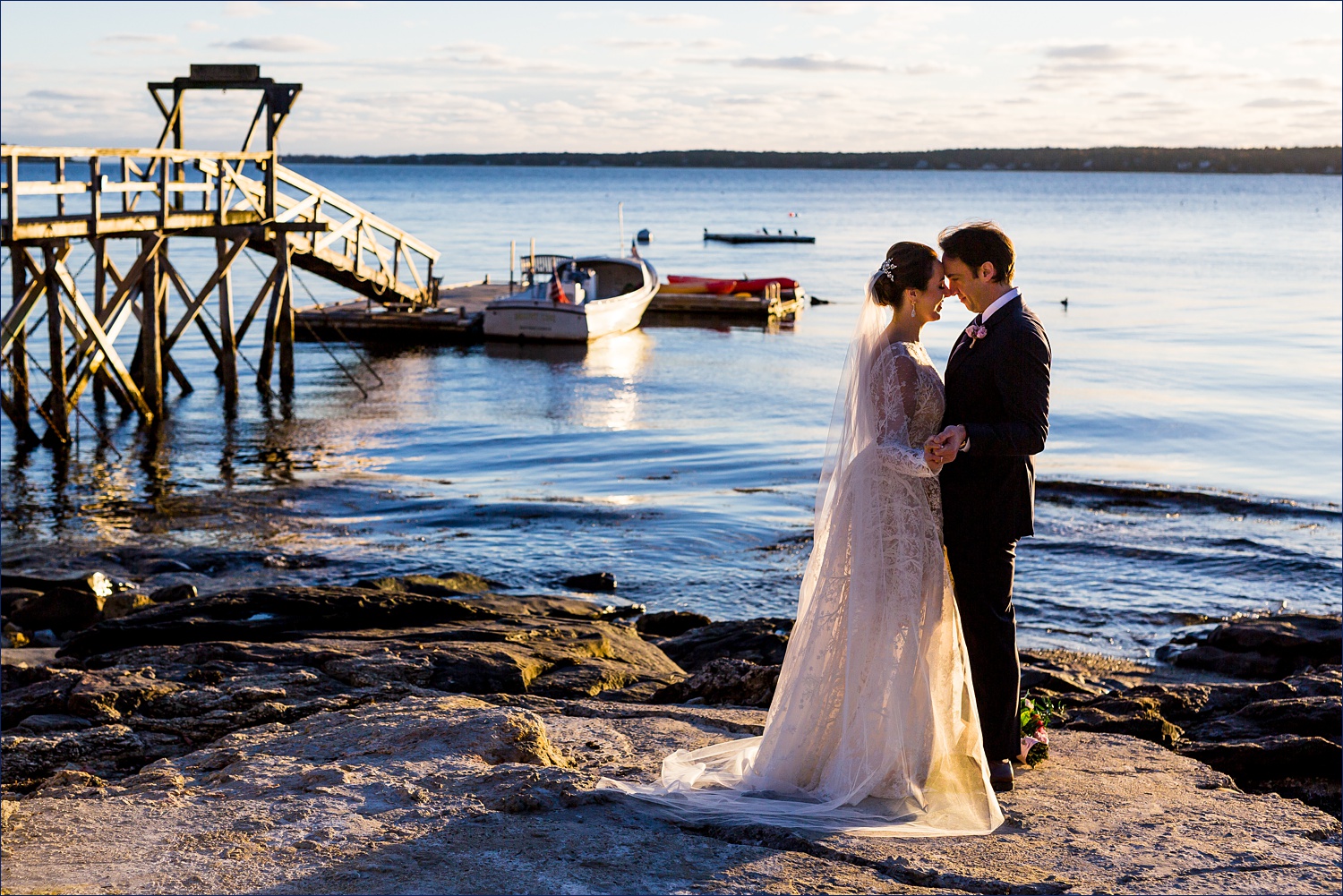 The newlyweds at Boothbay Harbor Maine and enjoy a quiet moment