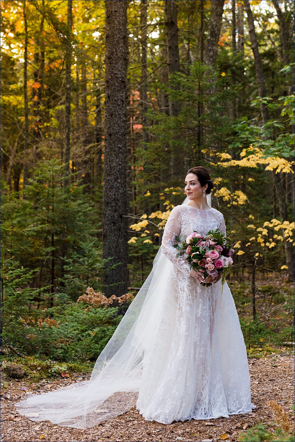 The bride stands in a wooded path at Spruce Point Inn in her gorgeous wedding gown with the sun pouring in