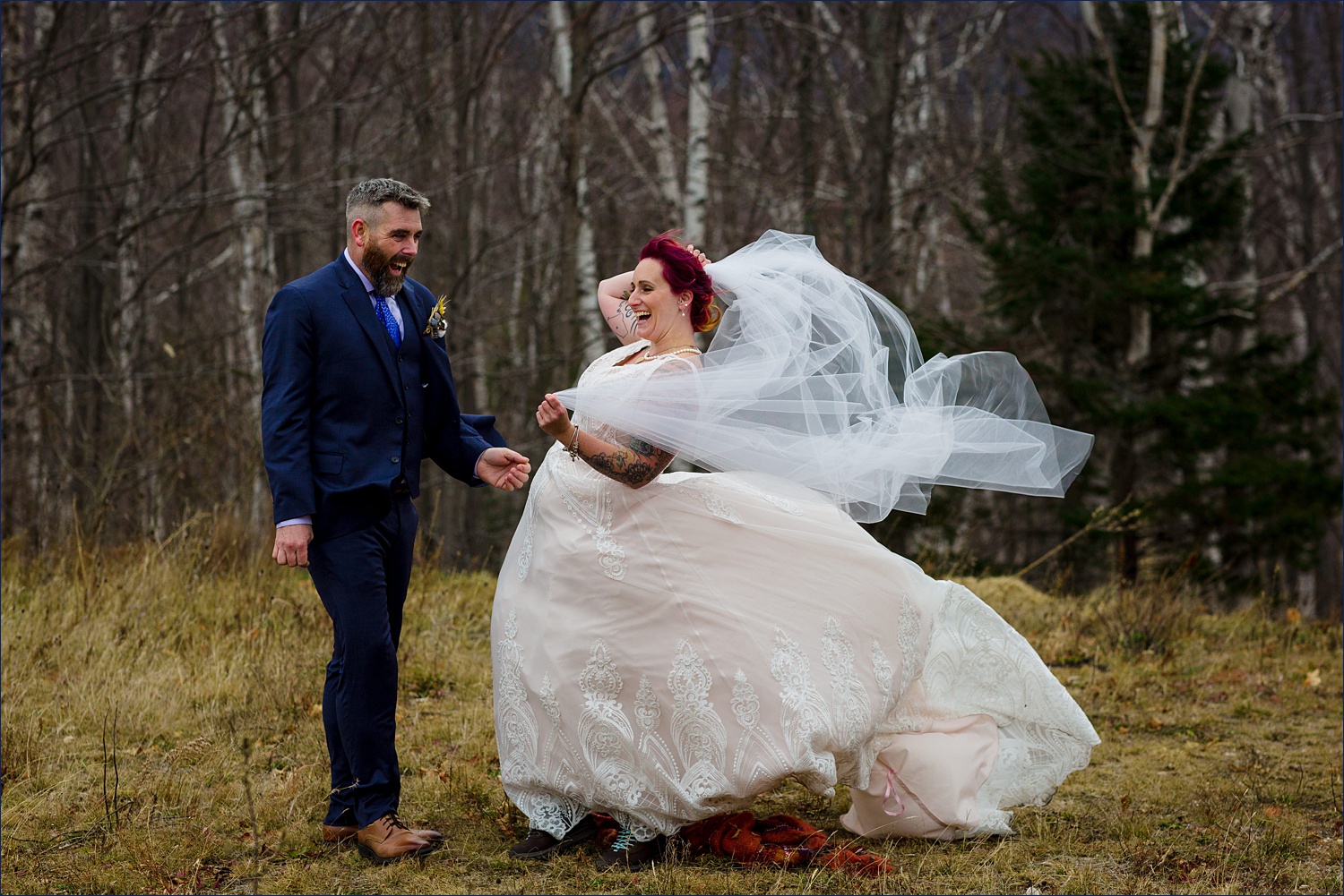 The wind up in the White Mountains threatens to steal away the bride's veil on her wedding day