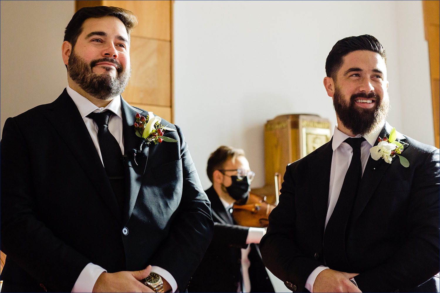 The groom sees his wife for the first time on the wedding day at the church and tears up