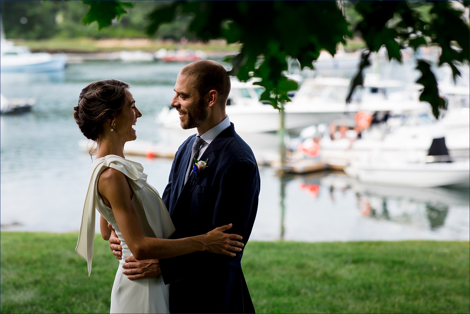 The bride and groom are ready to celebrate their wedding day at Dockside Guest Quarters in Maine