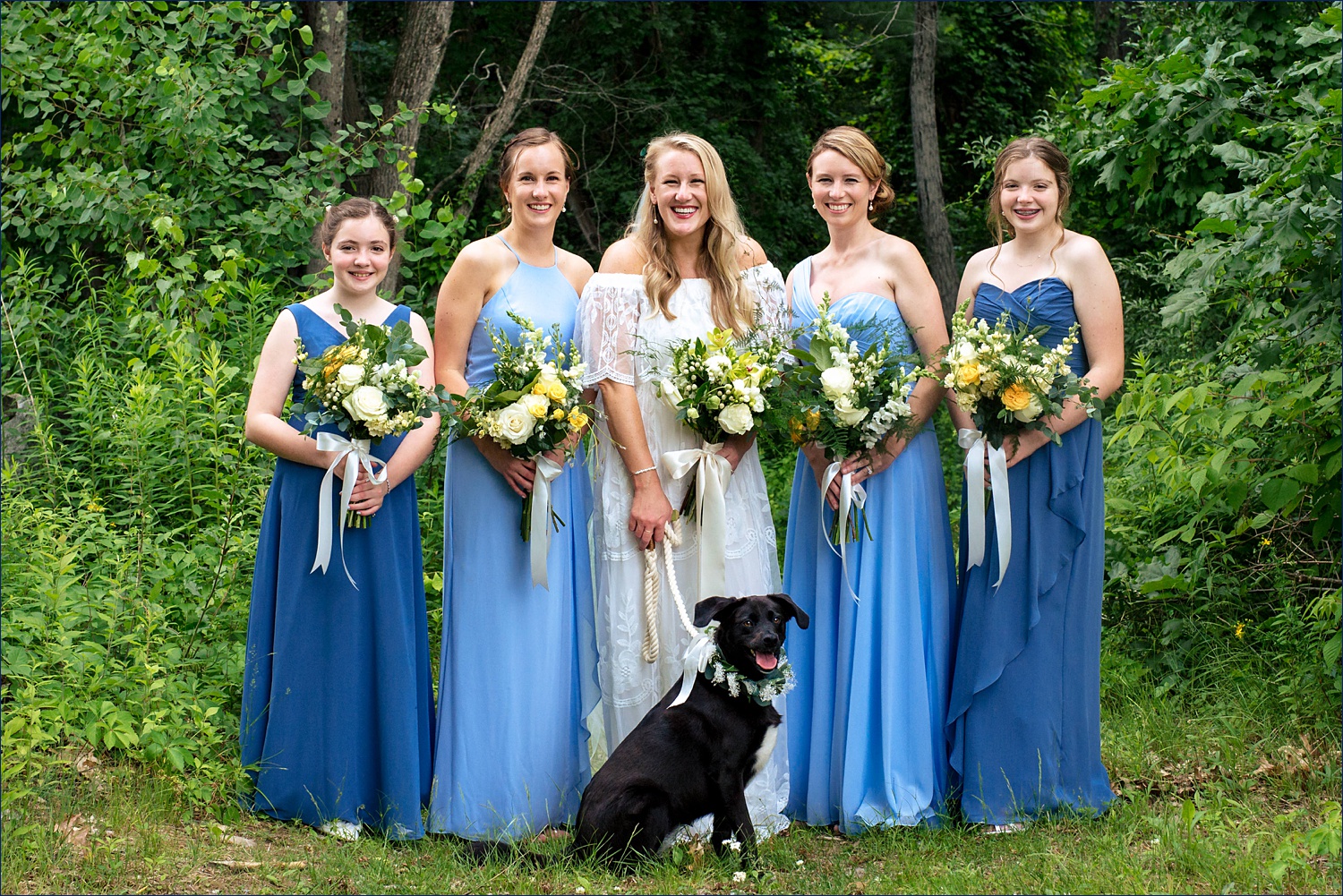 The girls and the pup on the wooded NH wedding day