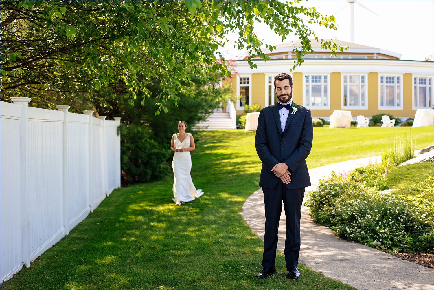 The bride and groom start their first look at Mountain View Grand Resort NH