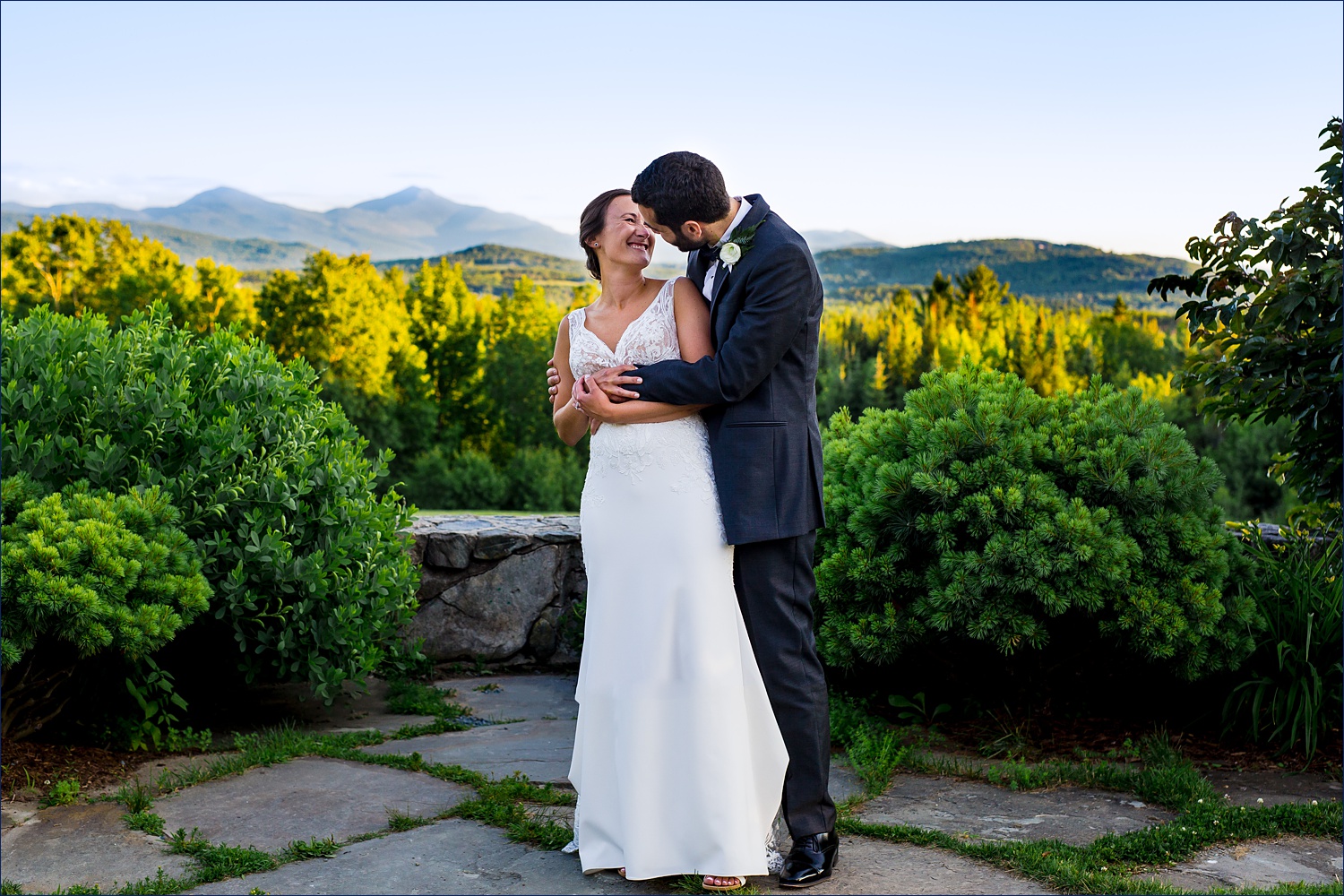 The bride and groom get a moment together at the Mountain View Grand Resort in New Hampshire