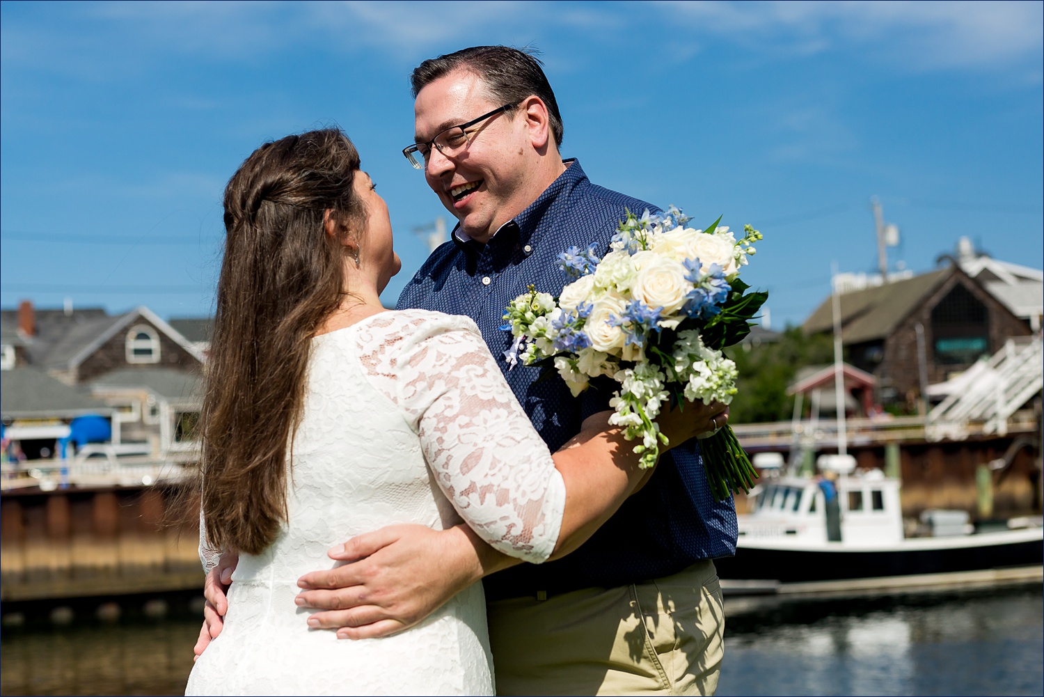 The happy couple on their wedding day in Perkin's Cove Maine
