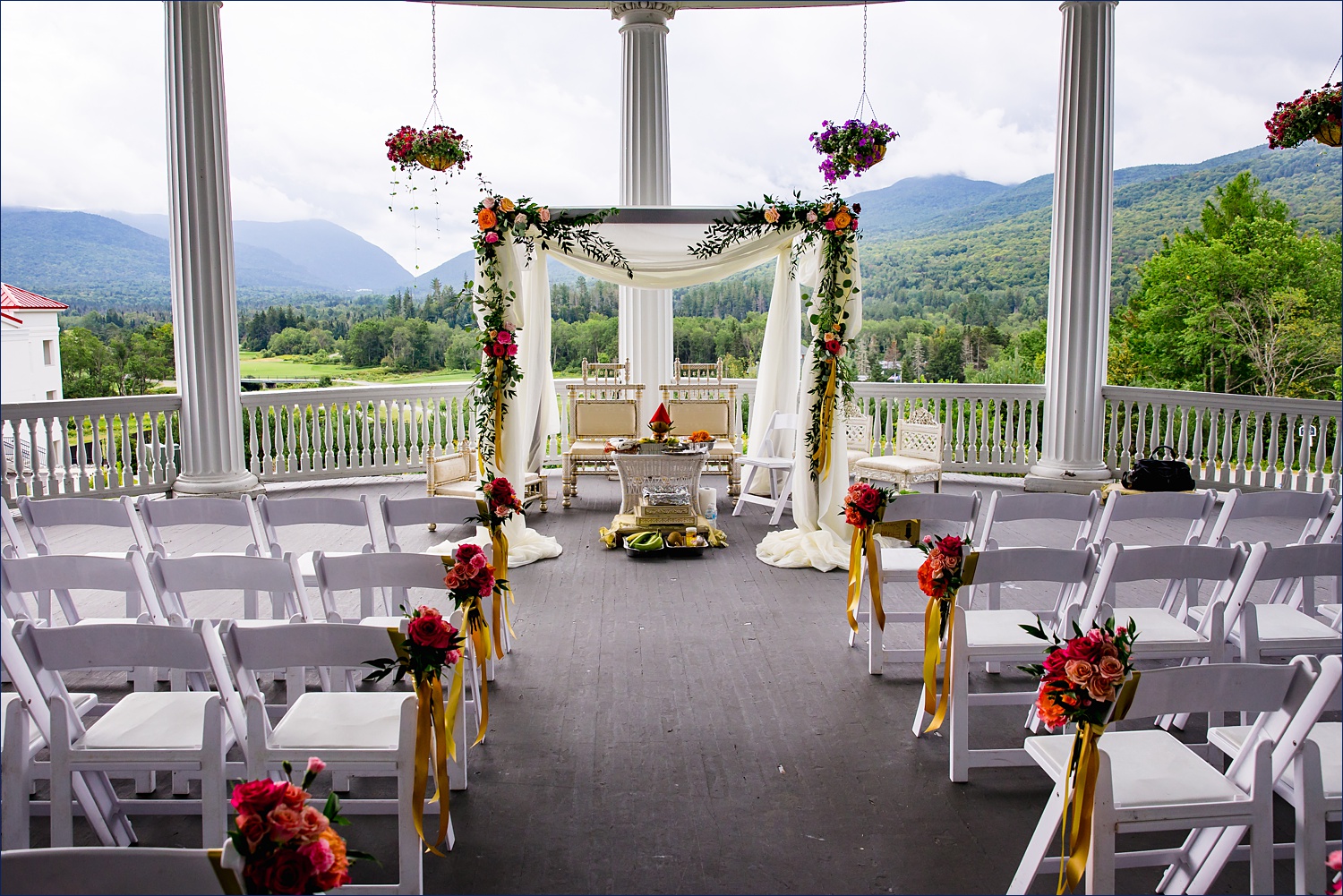 The Hindu ceremony altar set against the White Mountains on the veranda
