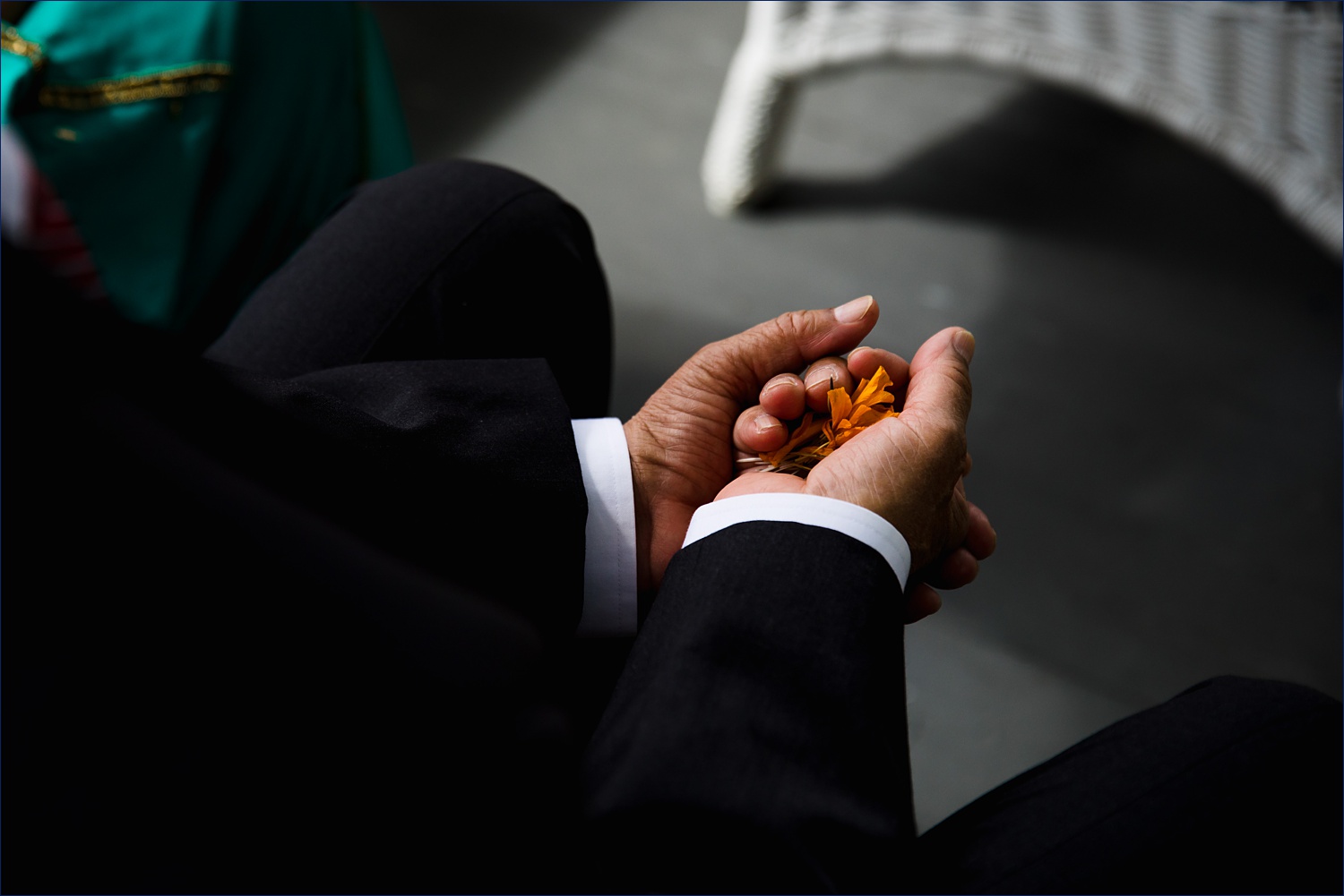 The father of the bride holds a handful of Marigolds to toss during the Hindu wedding ceremony