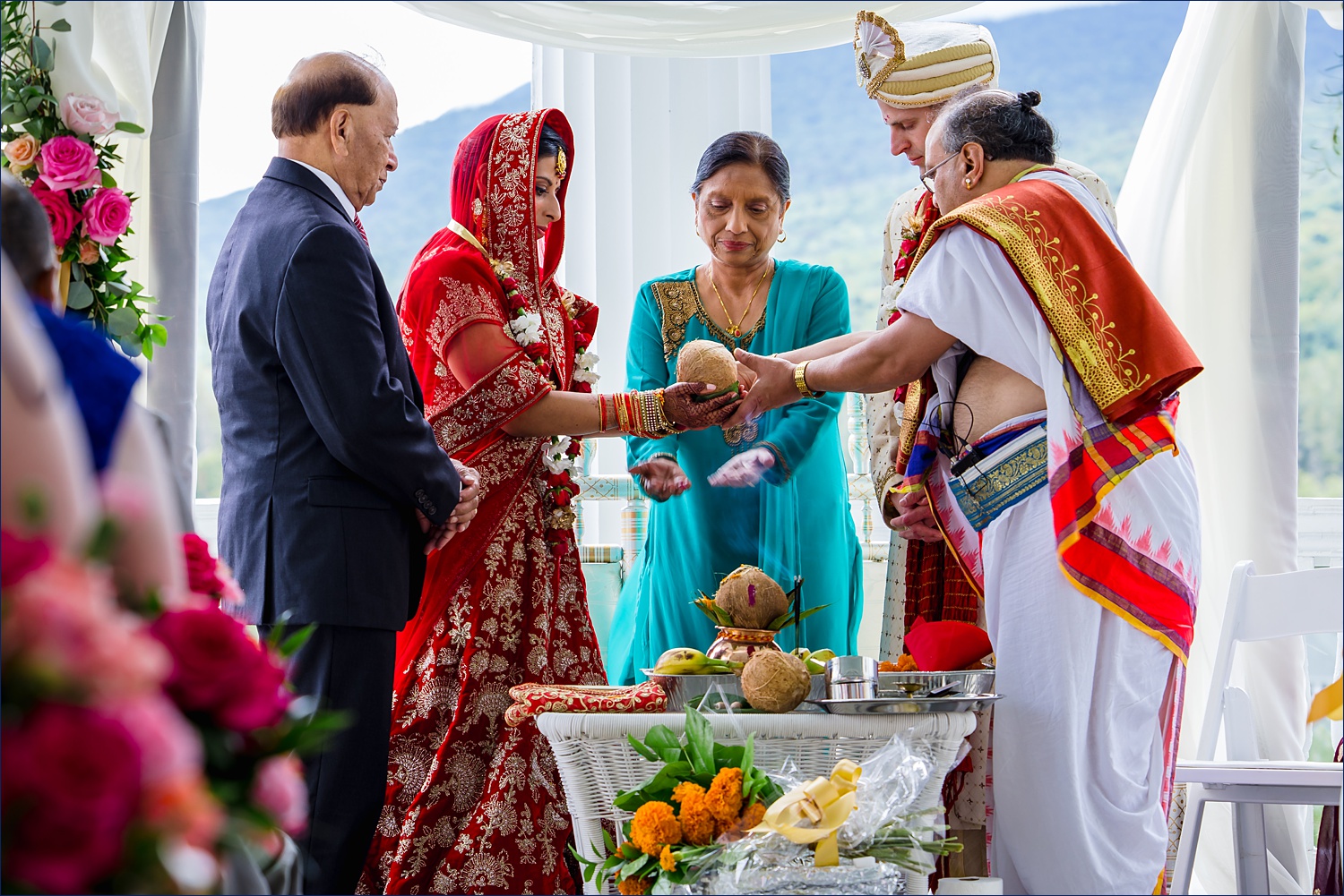 Kanyadan and hasta milap Hindu wedding in Bretton Woods New Hampshire on the veranda