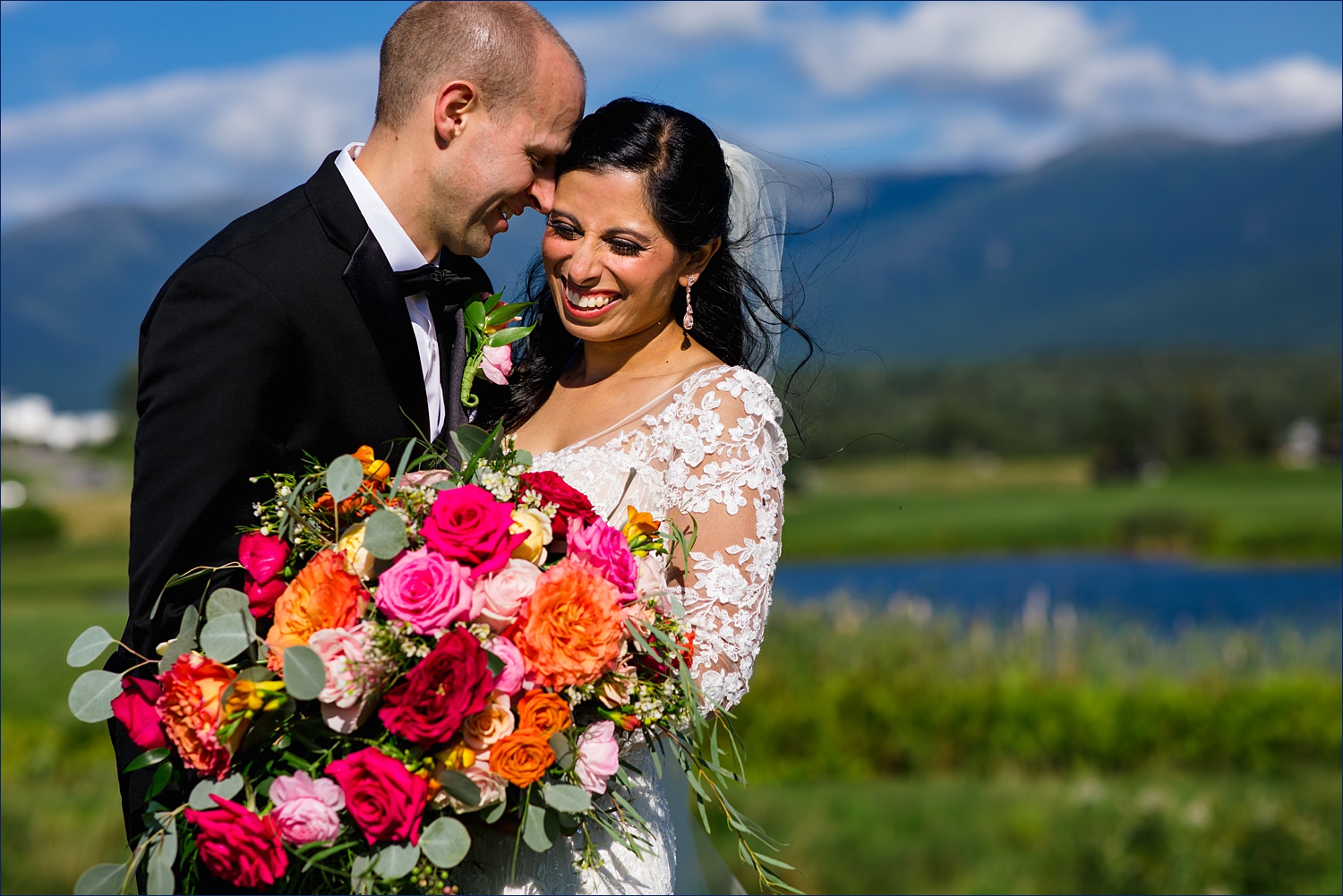 The bride and groom get in close with one another at Mount Omni Washington Resort in Bretton Woods New Hampshire