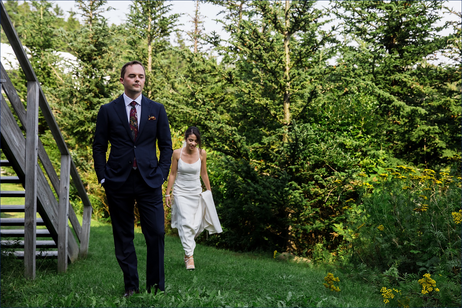 The first look with the bride and groom in the woods