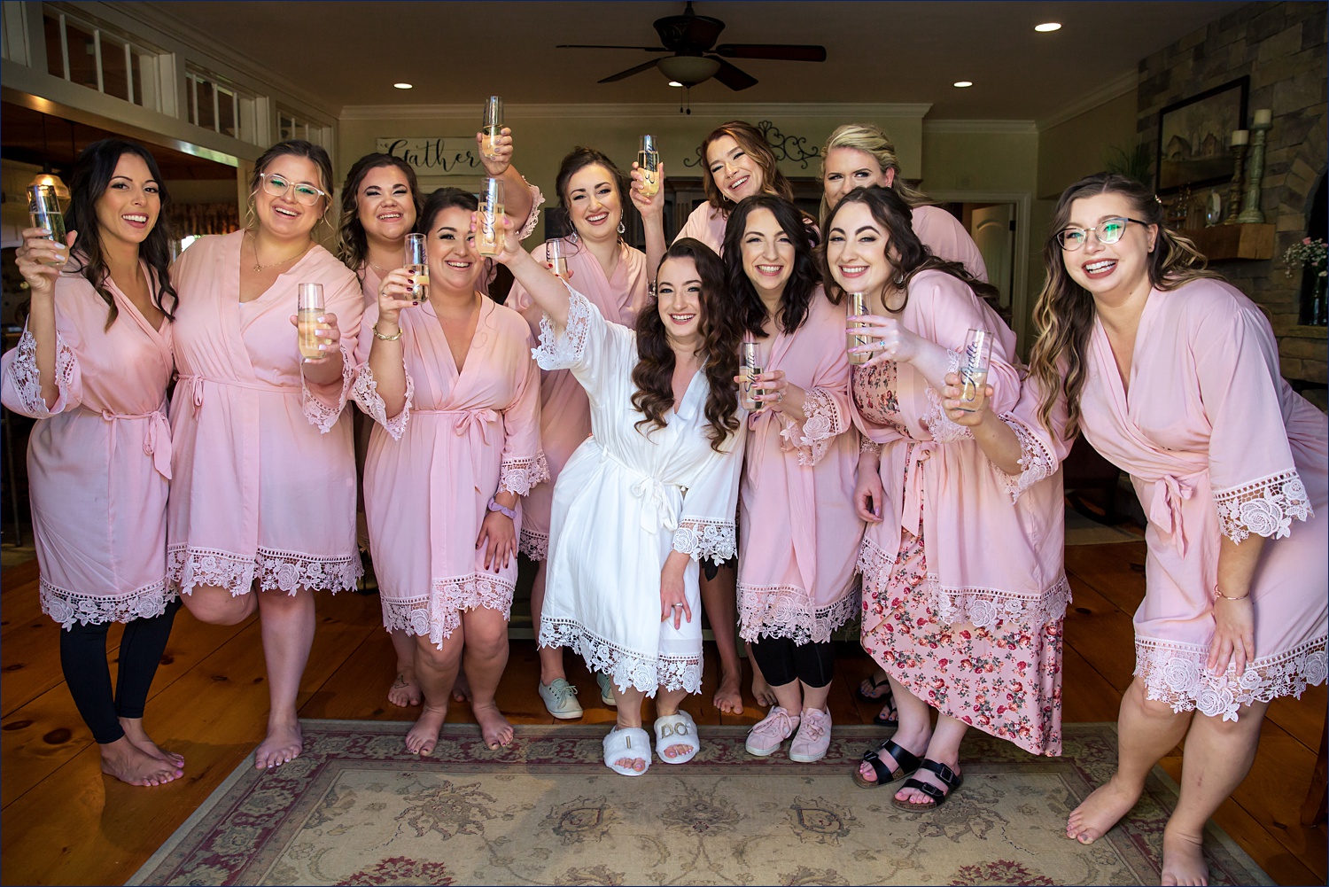 The bride celebrates with her friends on her wedding day