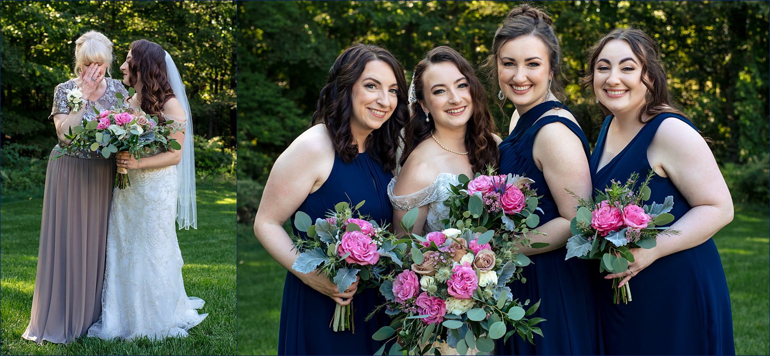 Teary mother of the bride and the bride with her sisters on her backyard New Hampshire wedding day