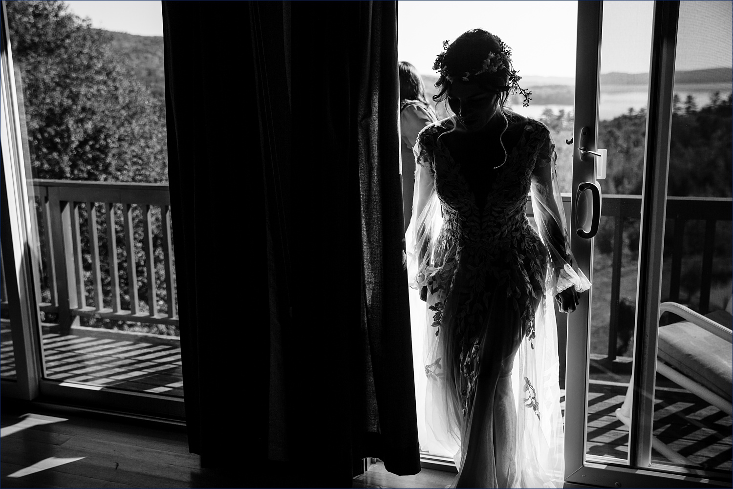 The bride heads in to hide from the groom on her wedding day elopement