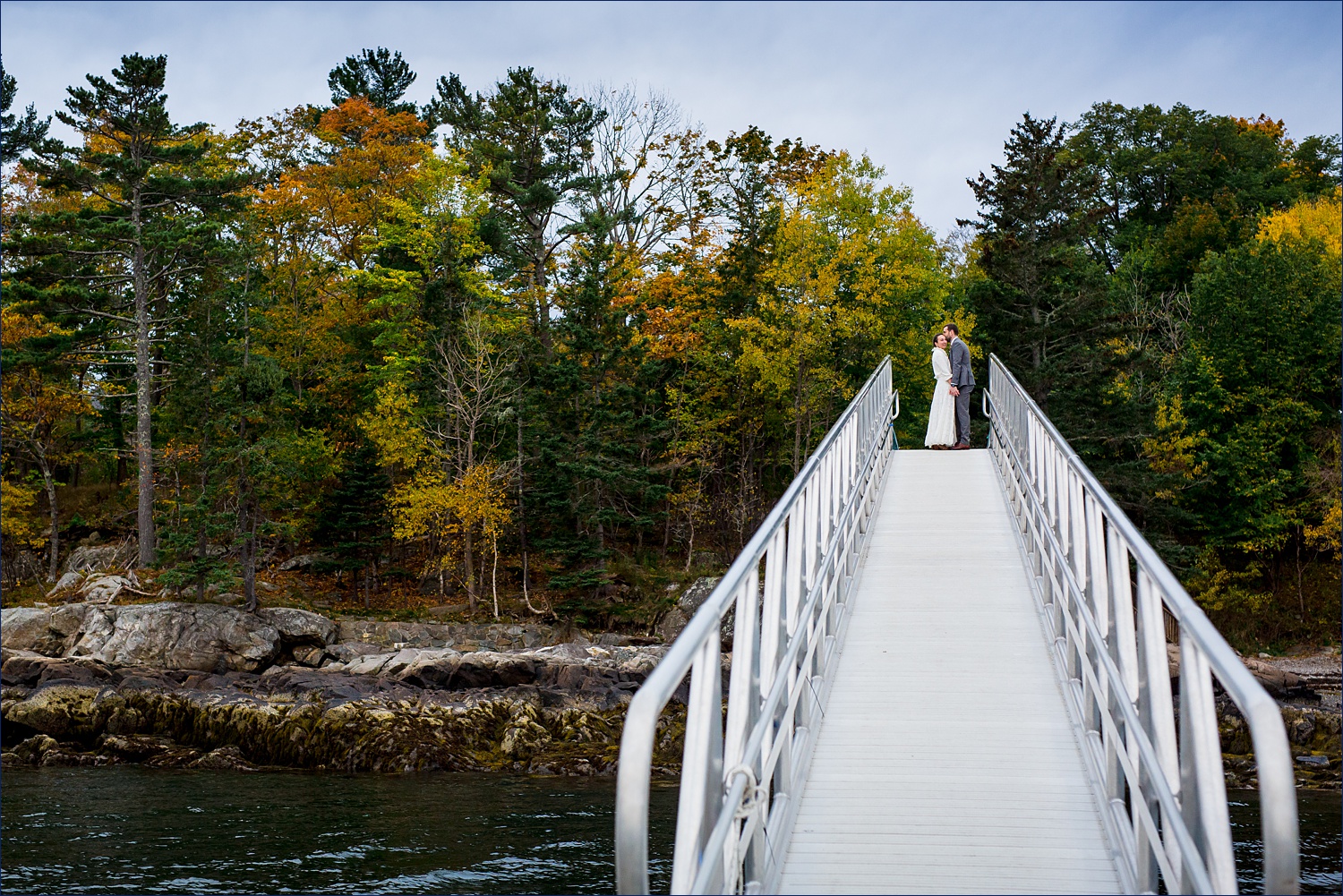 The late fall views in Bar Harbor Maine of the wedding couple
