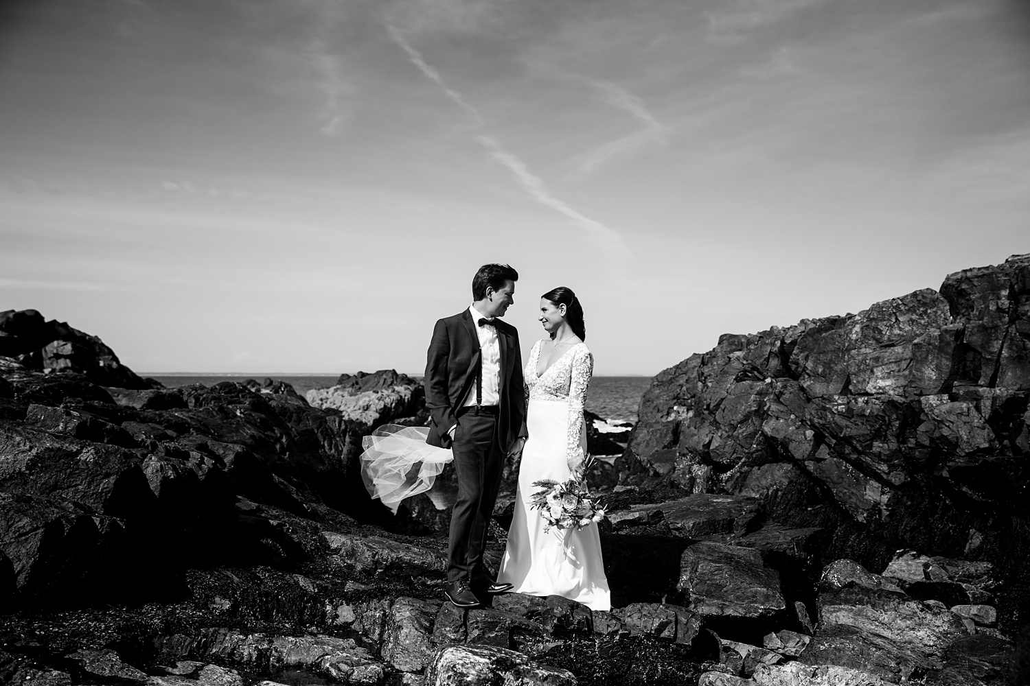 Marginal Way in Ogunquit and the elopement couple on a sunny day