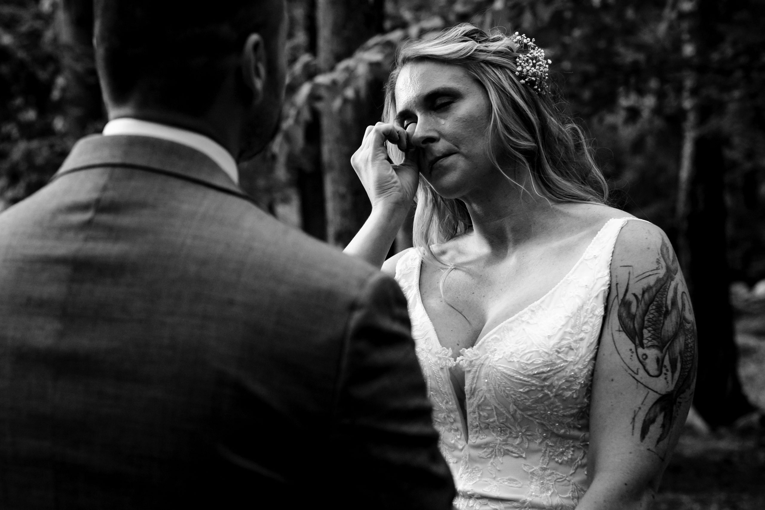 Tearful wedding ceremony in the woods of Maine