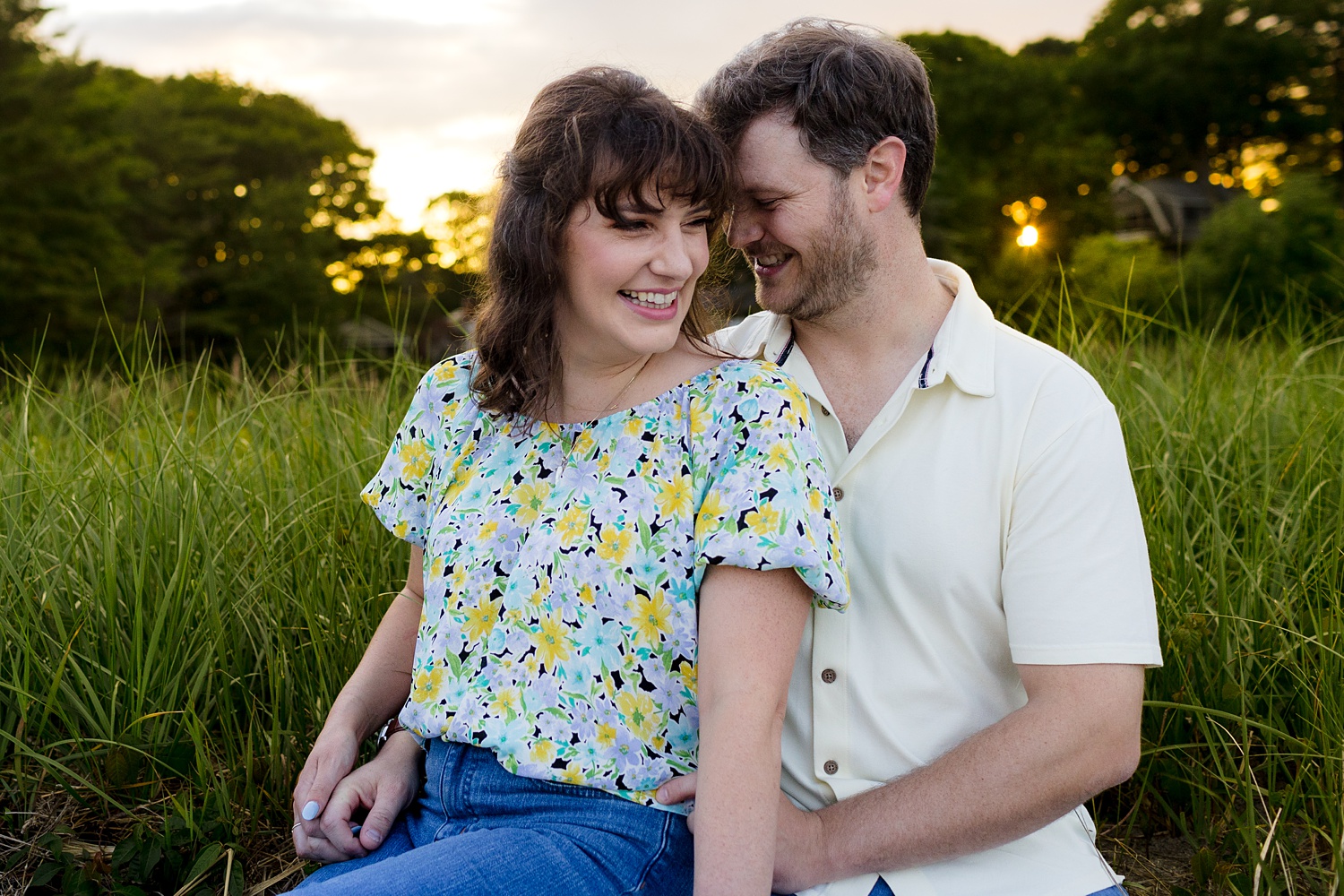 The engagement session at the tall grasses at Great Island Common New Hampshire